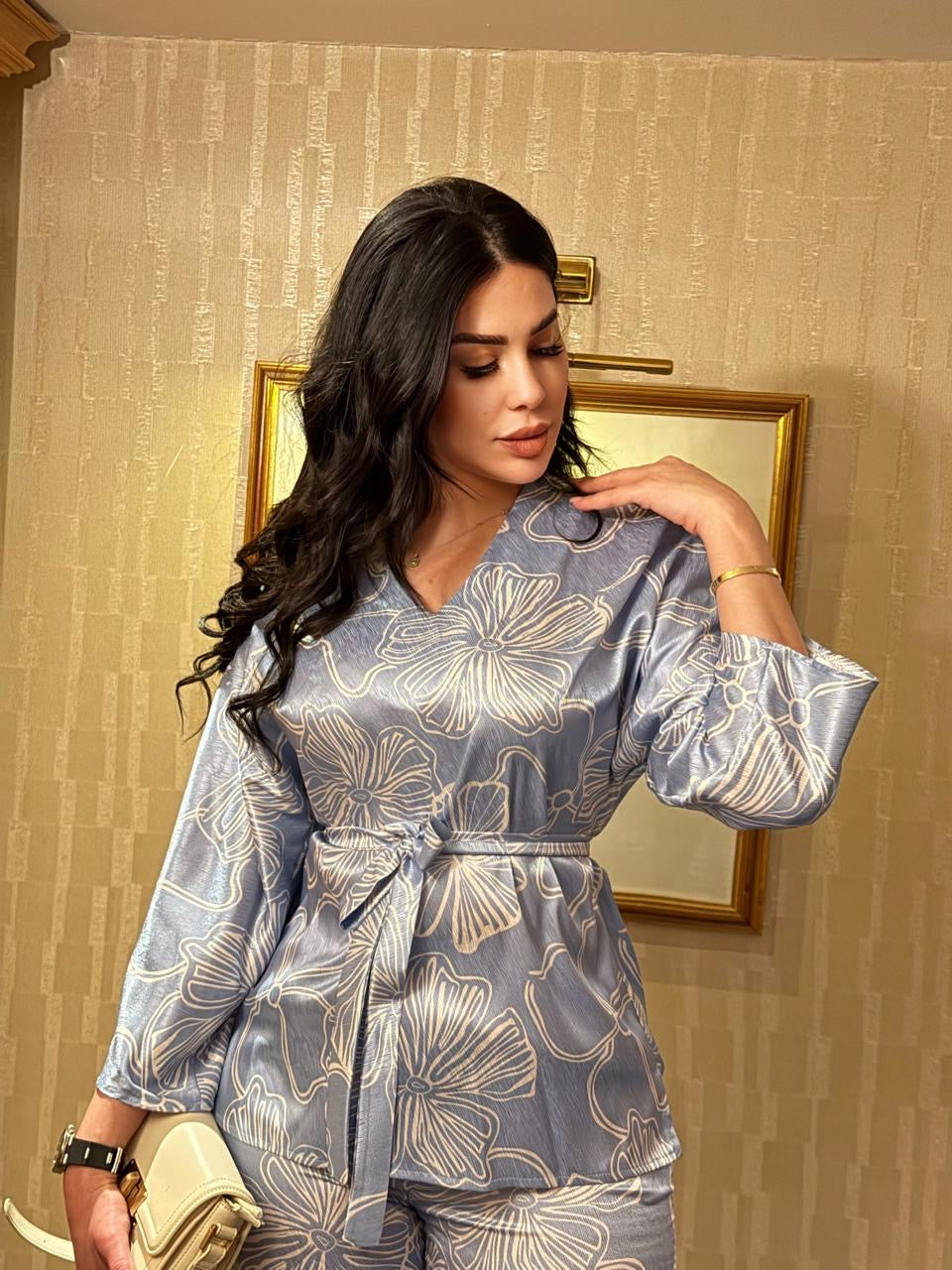 Elegant Satin Printed Set – Blue Chic | طقم ساتان شيك بطبعة مميزة