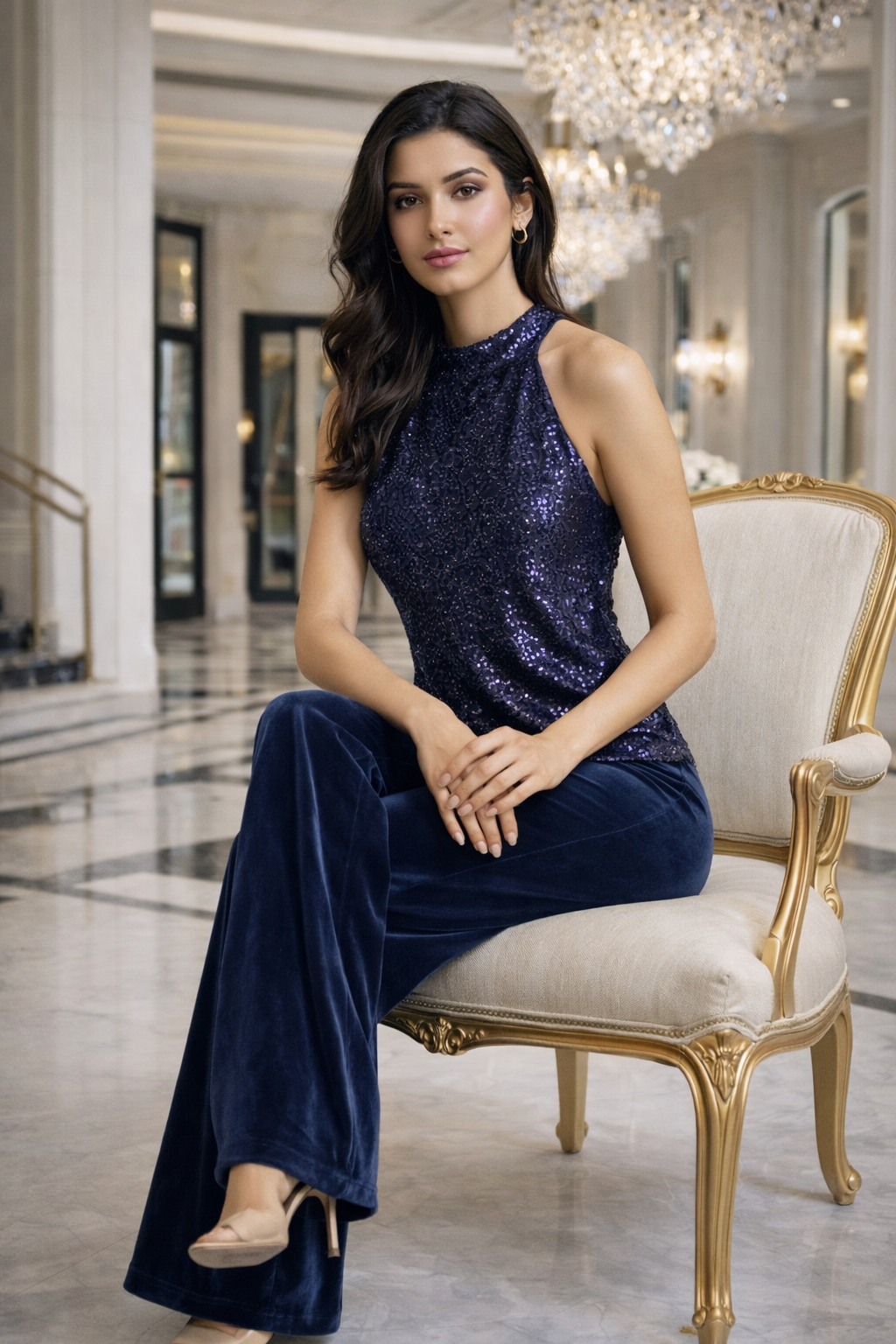 Navy Velvet Evening Set طقم سهرة مخمل مطرز